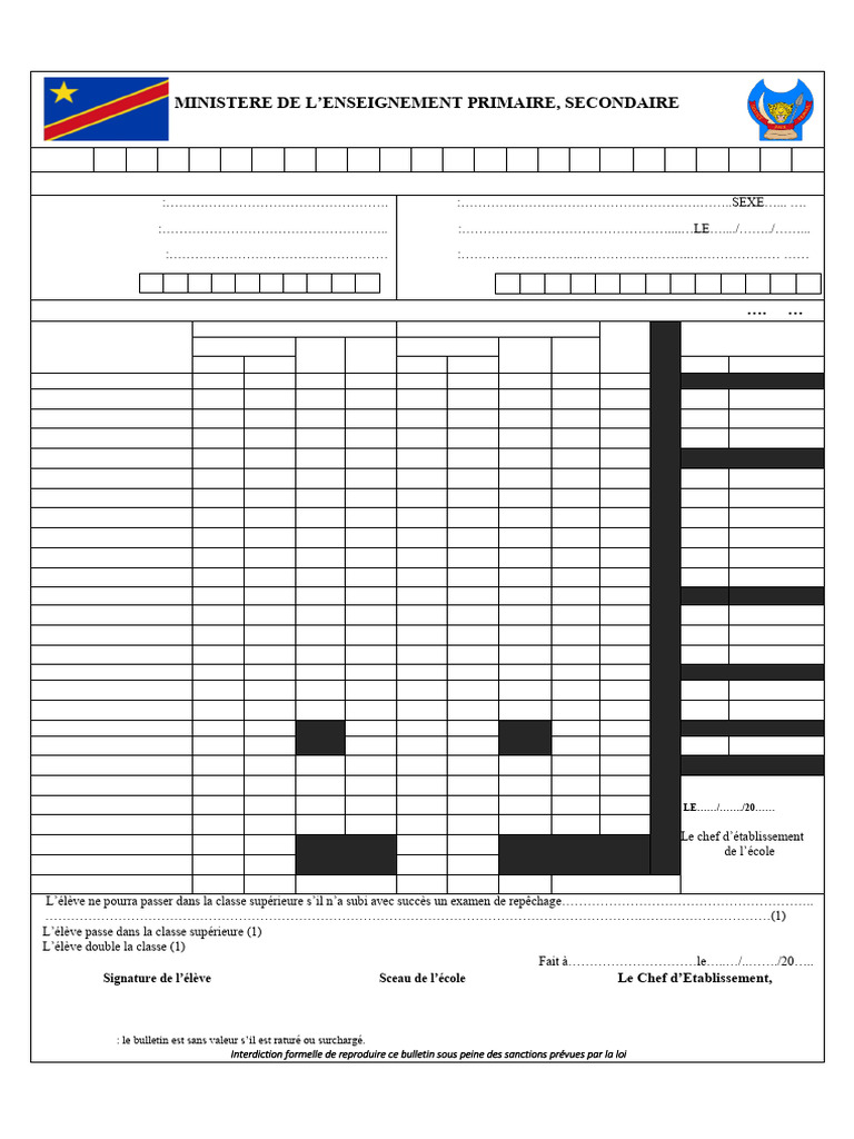 Bulletin Scolaire RDC 2023-2024 | PDF