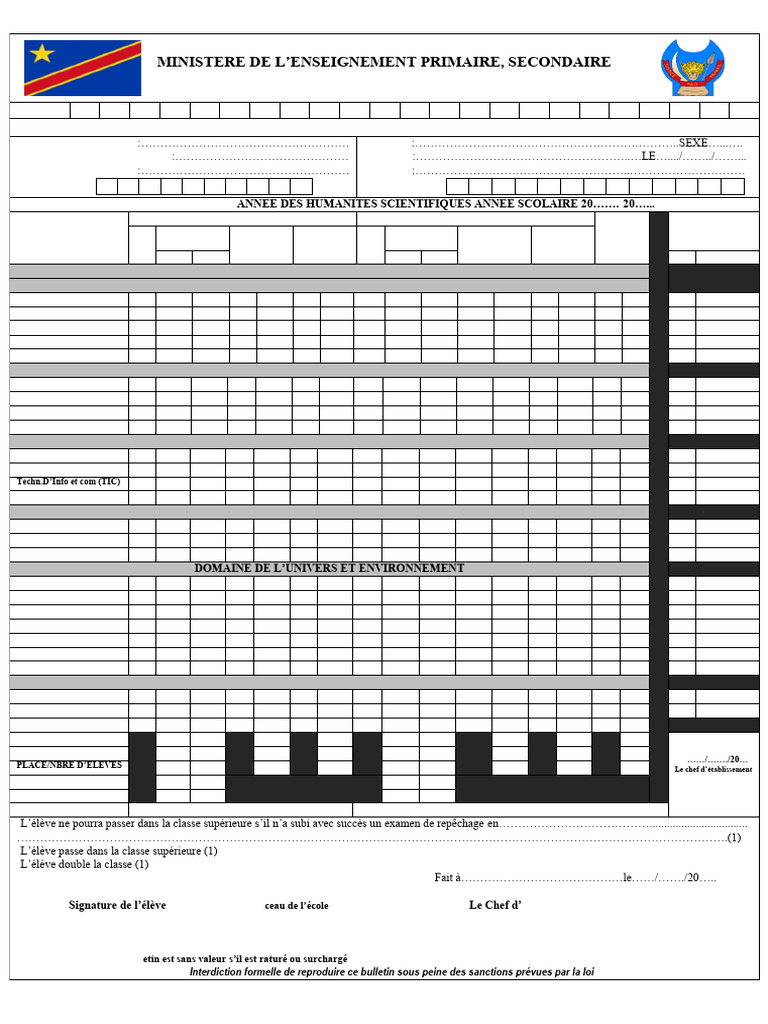 Bulletin Scolaire Secondaire RDC 2025 | PDF