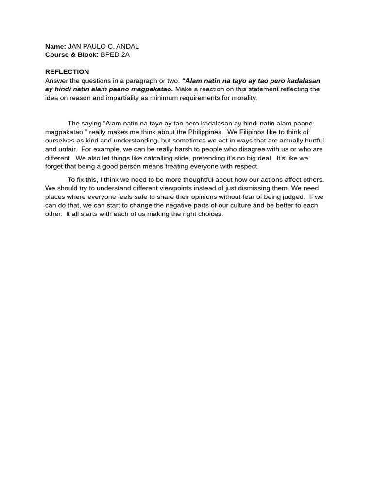 Reflection on Morality and Humanity | PDF