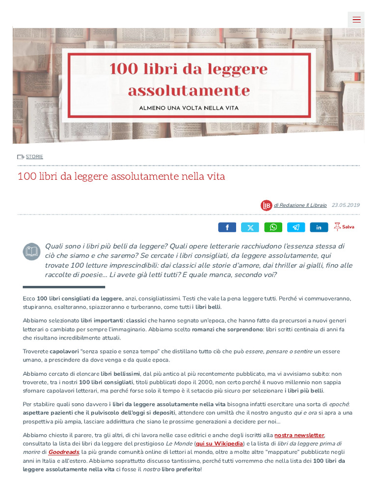 100 Libri Da Leggere Assolutamente Nella Vita - Illibraio - It | PDF