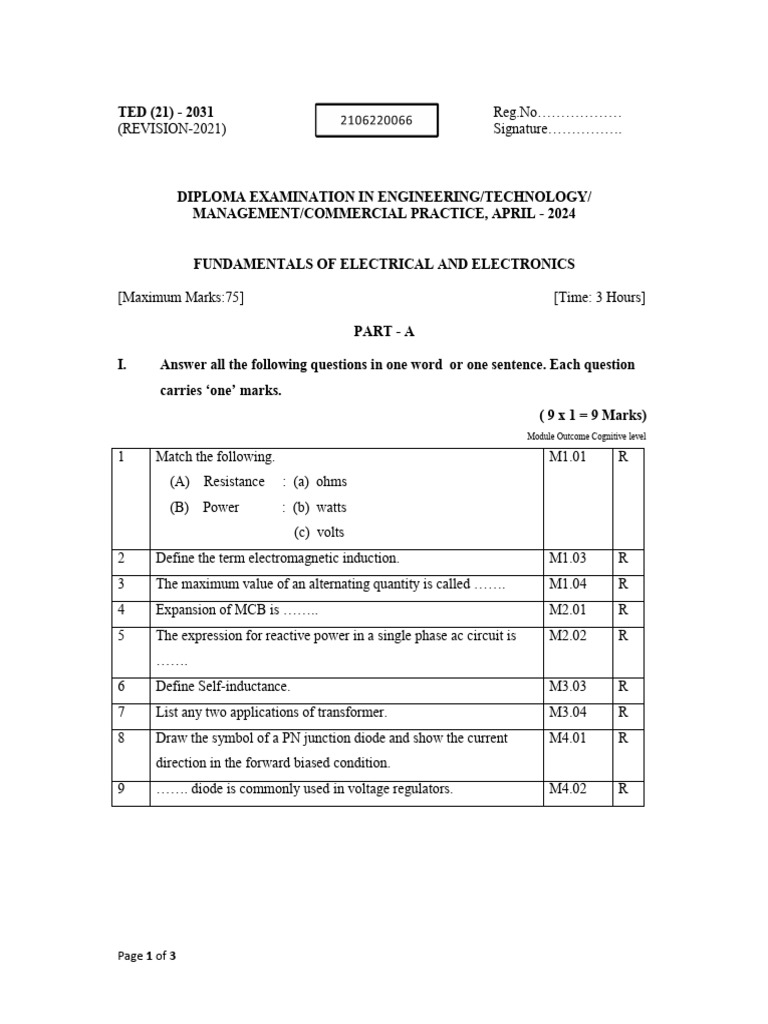 Electrical and Electronics Exam Paper | PDF | Electrical Engineering ...