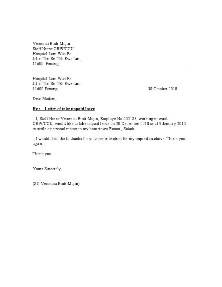 unpaid leave application letter sample