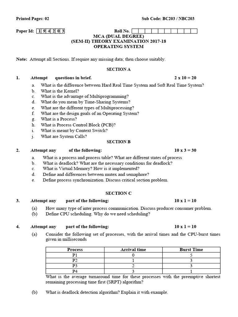 Mca 2 Sem Operating System Bc203 2018 | PDF | Process (Computing ...