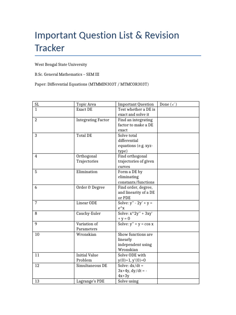 WBSU DiffEq Important Questions Tracker | PDF | Partial Differential ...