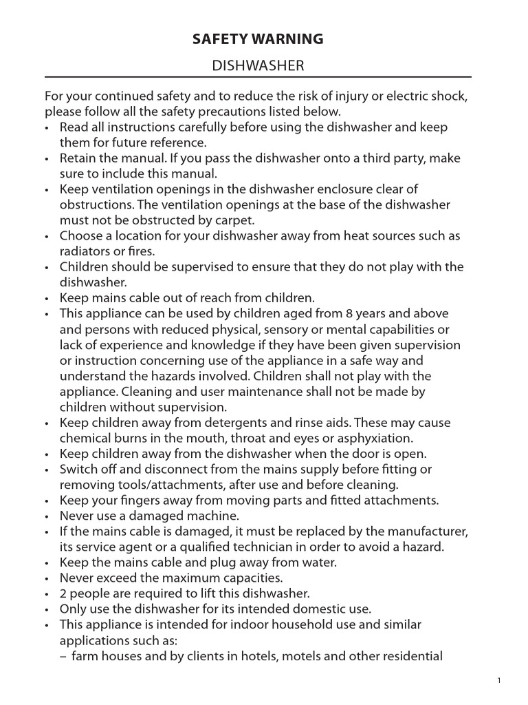 Dishwasher Safety and Usage Guide | PDF | Dishwasher | Equipment