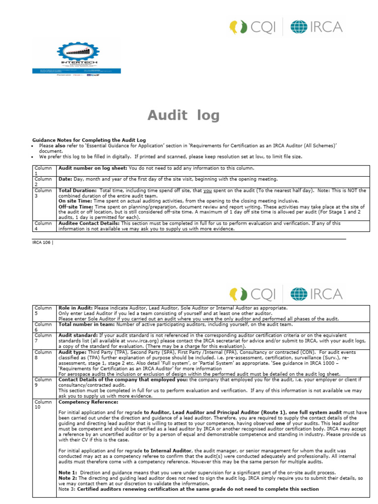 IRCA Audit Log Completion Guide | PDF | Audit | Business