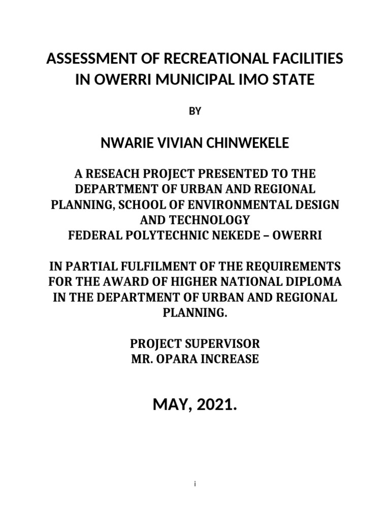 Assessment of Recreational Facilities in Owerri Municipal Seminar | PDF ...