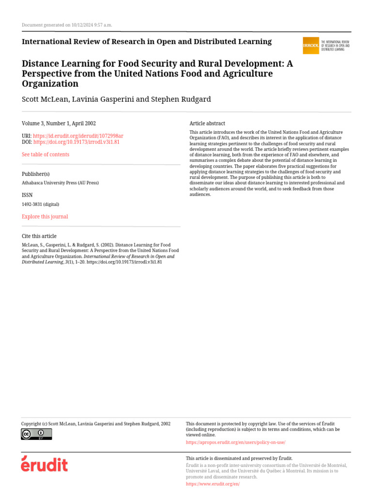 Distance Learning For Food Security and Rural Development | PDF ...