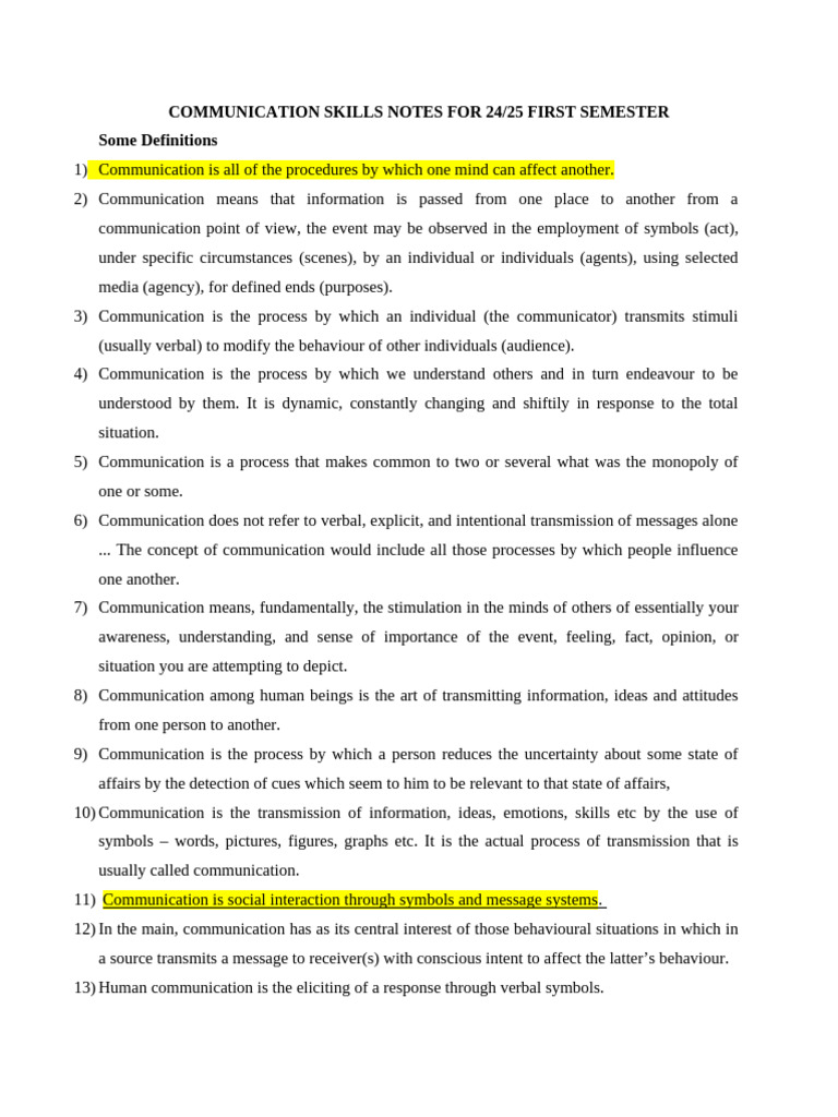 First Semester Communication Skills Notes | PDF | Communication ...