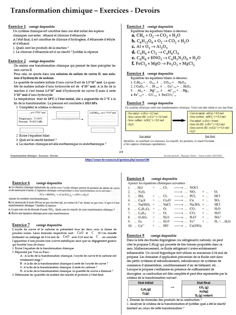 Exercices de transformation chimique | PDF | Chimie | Substances chimiques