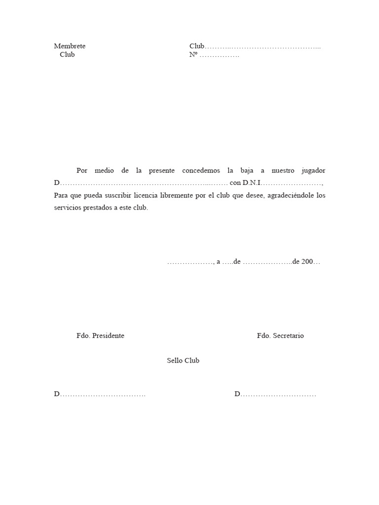 Baja Y Carta De Libertad Para Jugador PDF