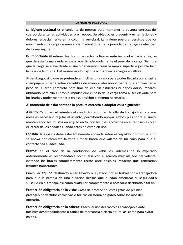 Guía de Higiene Postural y Seguridad Laboral | PDF | Dolor lumbar | Guante