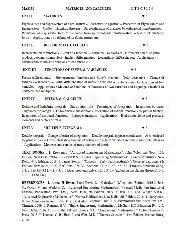 MA3151 Matrices and Calculus Syllabus | PDF | Integral | Derivative