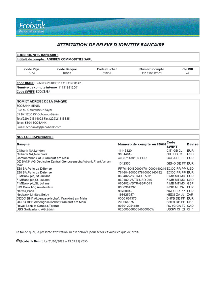 Attestation RIB Ecobank Bénin | PDF | Secteur privé | Investisseur ...