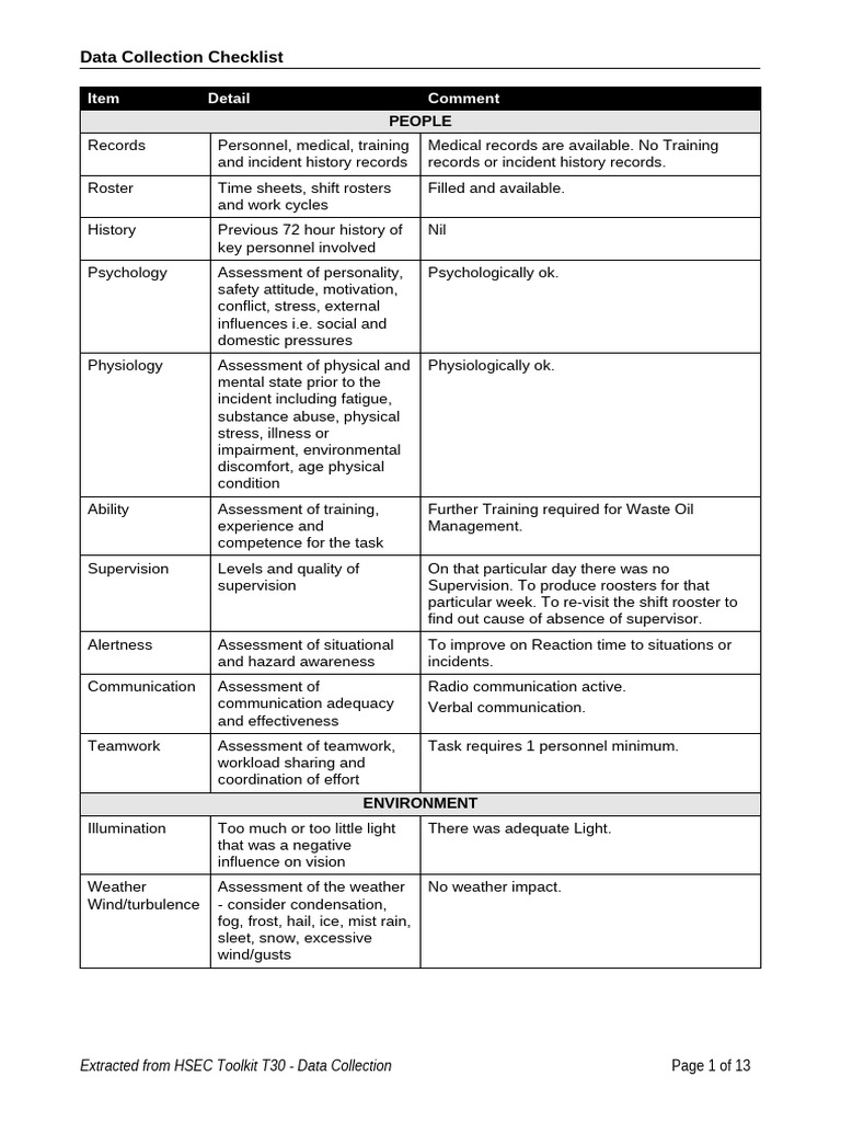 Data Collection Checklist Overview | PDF