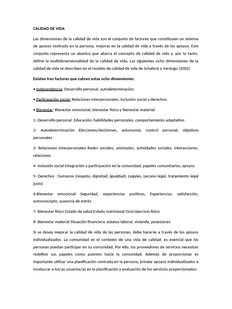 Dimensiones de la Calidad de Vida | PDF | Calidad de vida | Comunidad