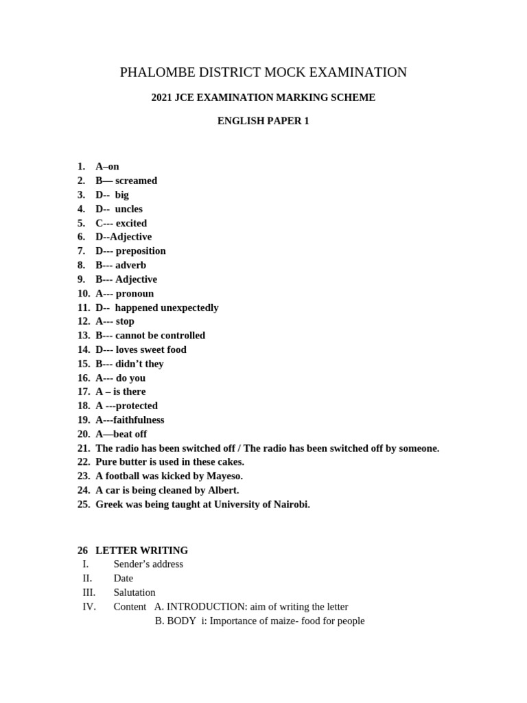 2021 JCE English Exam Marking Scheme | PDF | Syntax | Linguistic Morphology