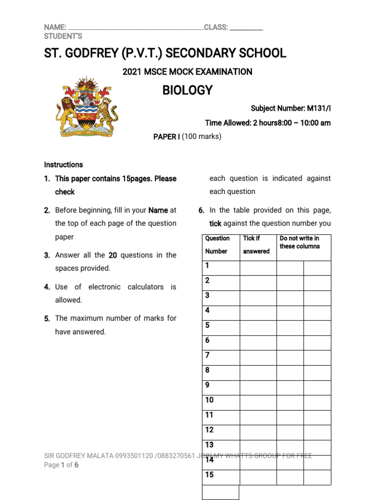 2021 MSCE Biology Mock Exam Paper | PDF | Genotype | Breathing