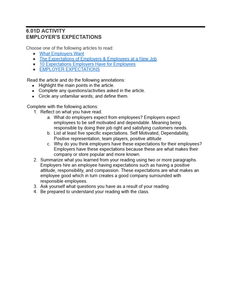 BE 6.01 Employers Expectations Activity | PDF