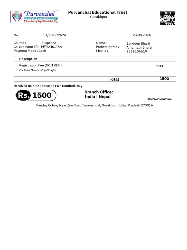 Sandeep Bharti Registration Reciept | PDF