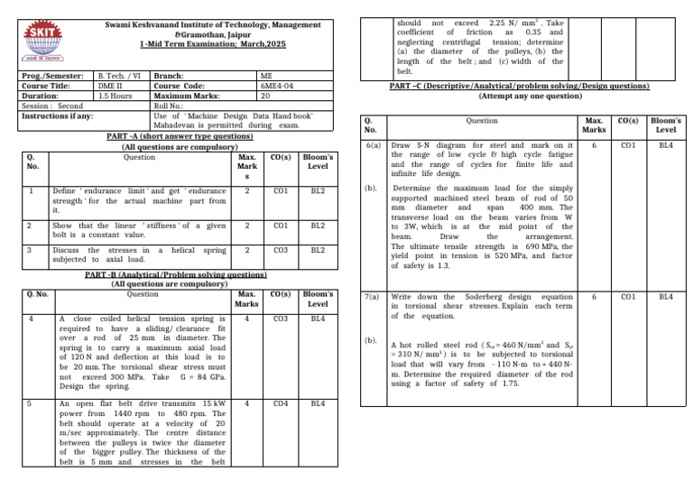 DME II Mid Term Exam Questions 2025 | PDF | Stress (Mechanics ...
