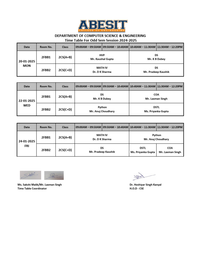 TIME TABLE FOR ODD SEM 20th, 22nd, 24th JAN 2025 | PDF
