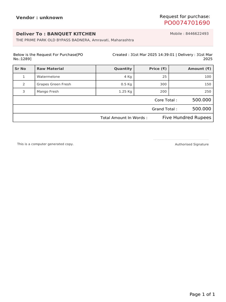 Purchase Order for Banquet Kitchen Supplies | PDF