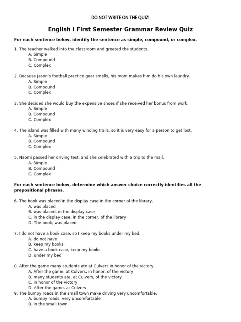 Grammar Review Quiz: Sentence Types & Edits | PDF | Linguistics ...
