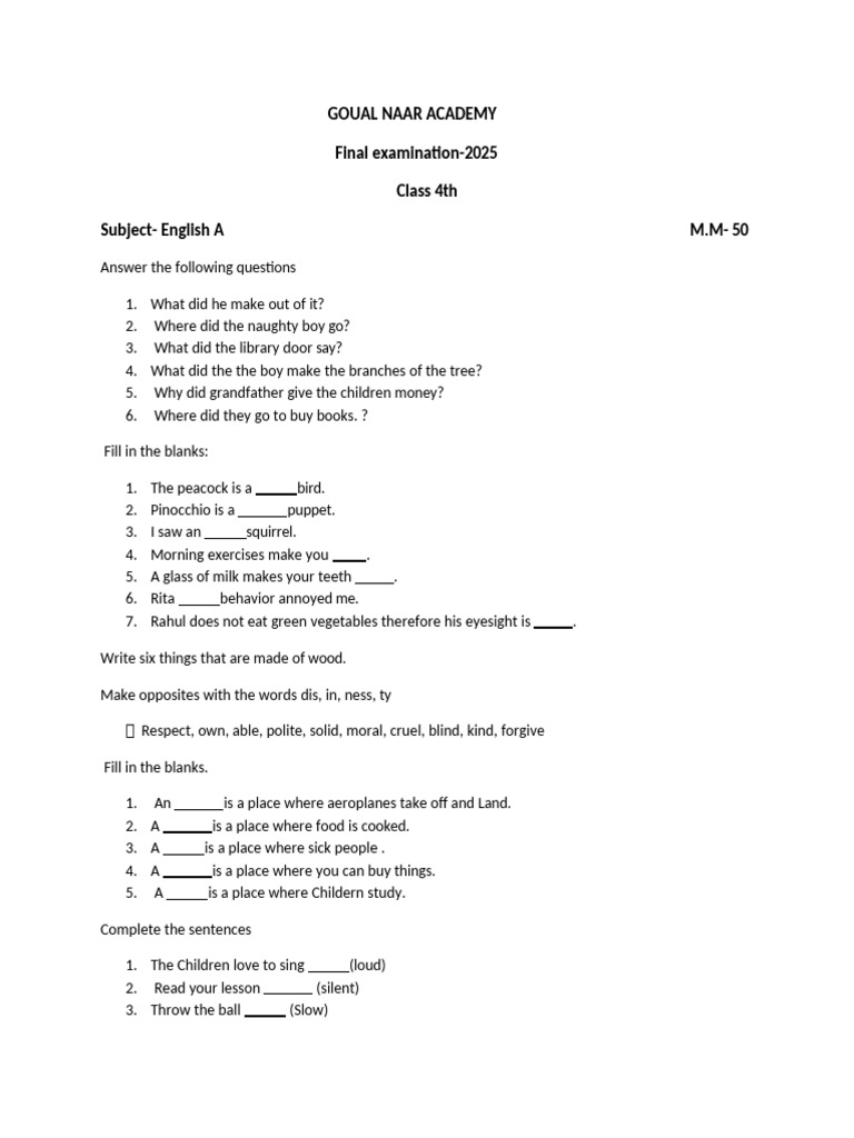 Class 4 English Exam Questions 2025 | PDF
