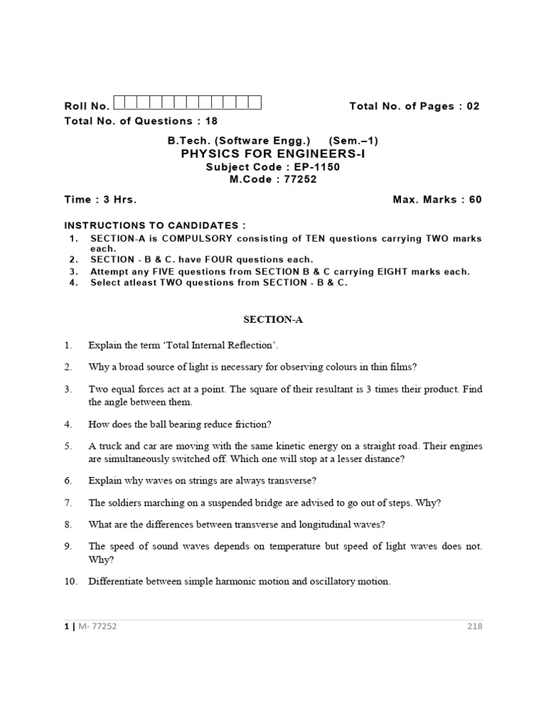 Btech 1 Sem Physics For Engineers 1 77252 Dec 2020 | PDF | Force ...