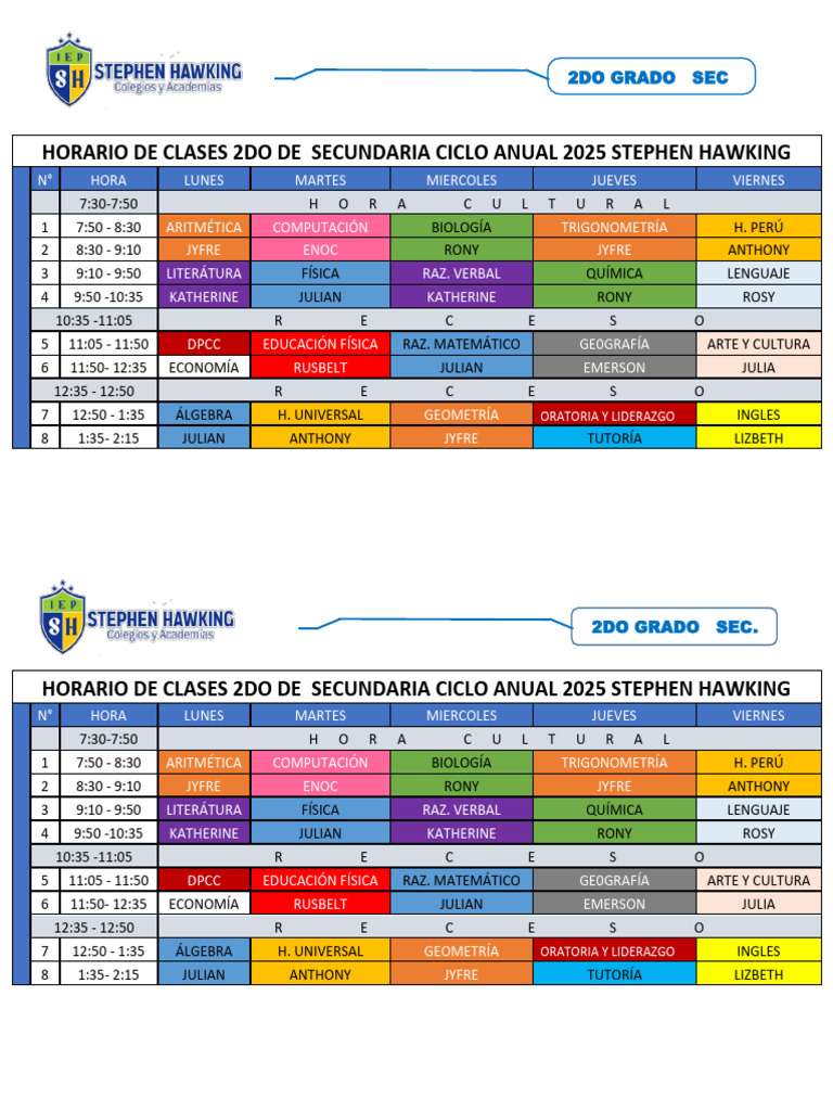 Horario Clases 2do Secundaria 2025 | PDF | Matemáticas