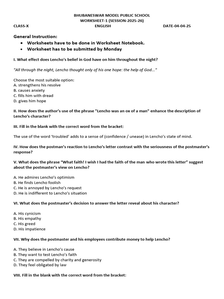 Class X English Worksheet 2025-26 | PDF | Faith