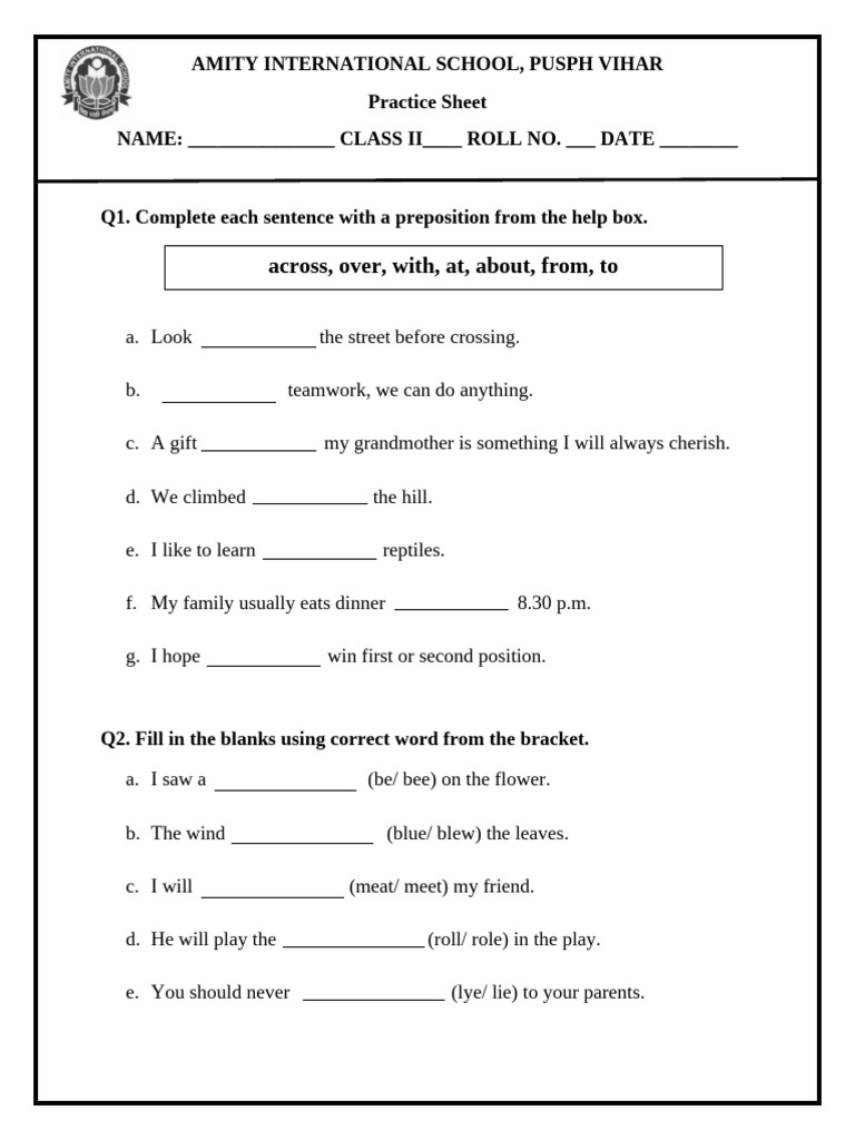 Preposition Practice Sheet for Class II | PDF