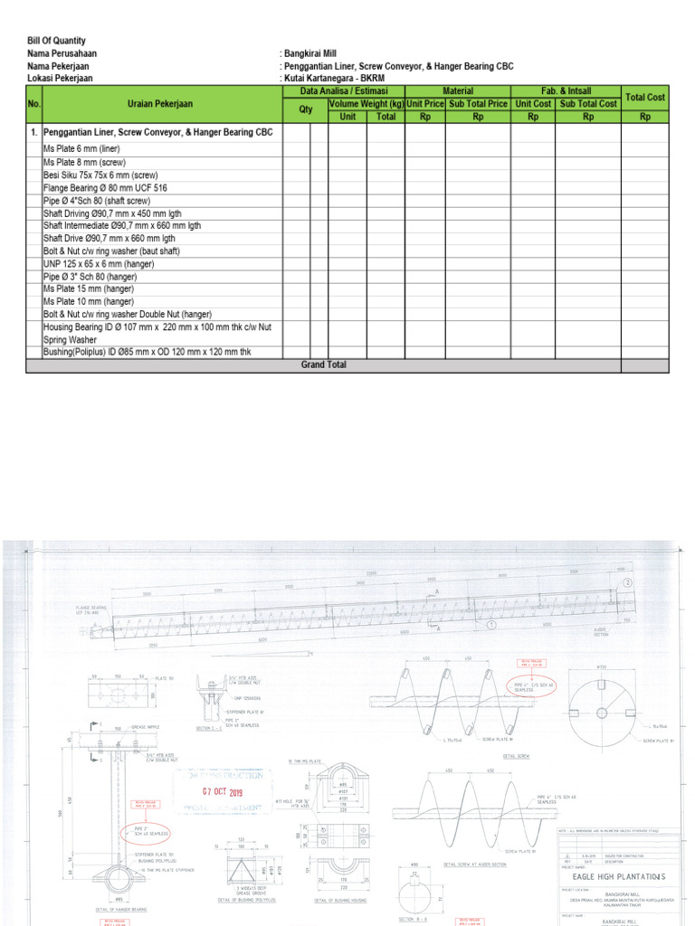 Drawing & BoQ Penggantian Liner & Worm Screw CBC BKRM No.1 dan 2 | PDF