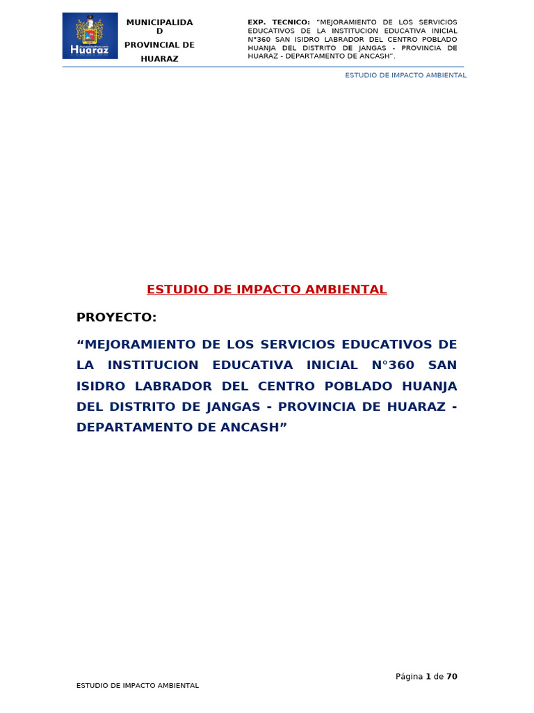 Estudio de Impacto Ambiental en Huaraz | PDF | Evaluación de impacto ...