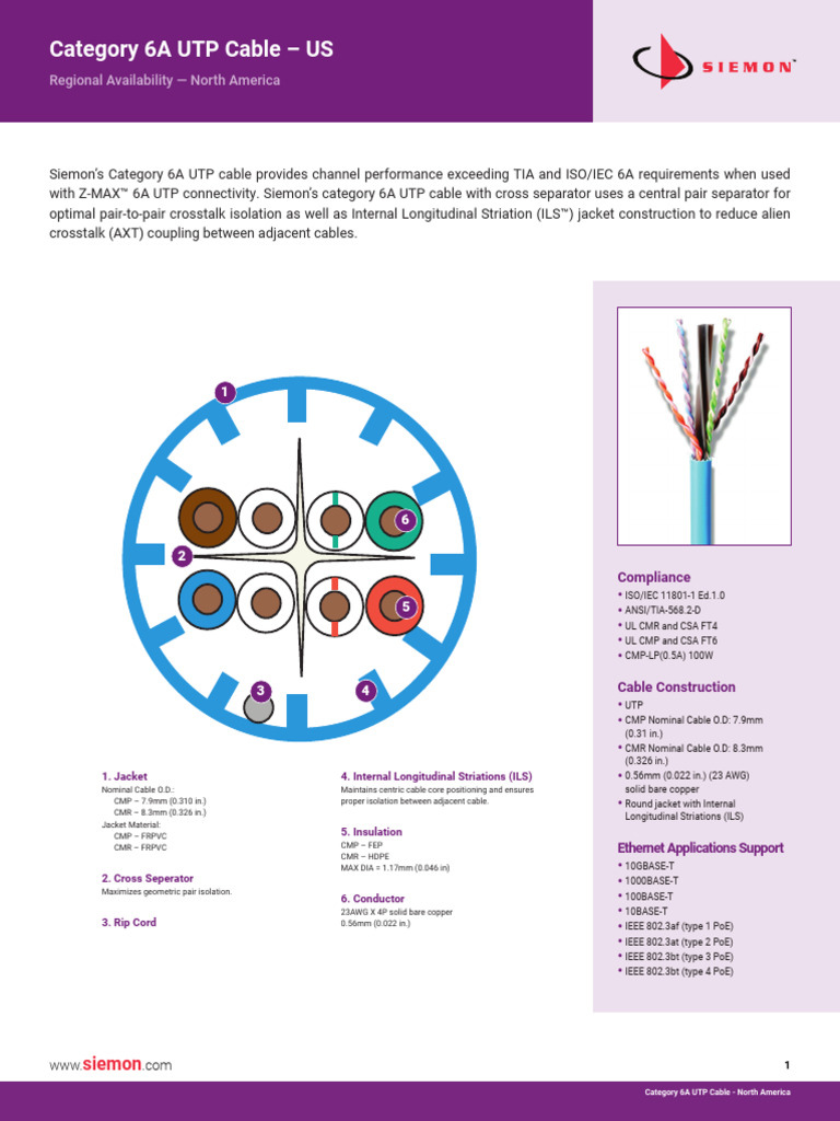 Siemon Category 6a Utp Cable Us - Spec Sheet | PDF | Electrical ...