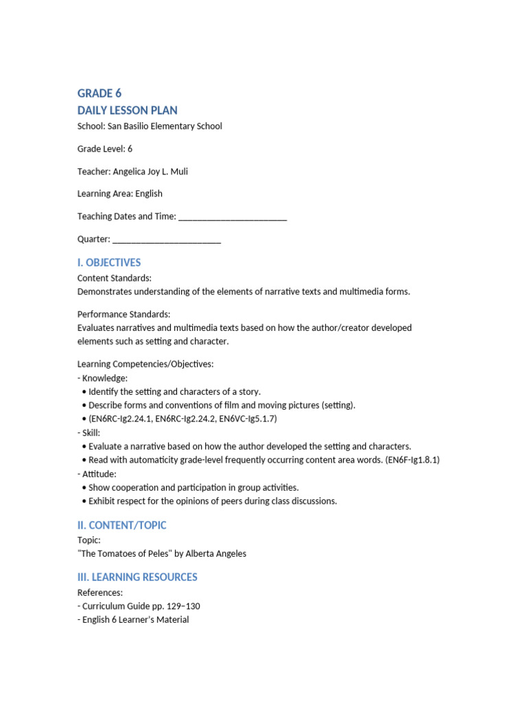 Grade 6 English Lesson Plan: Narrative Elements | PDF
