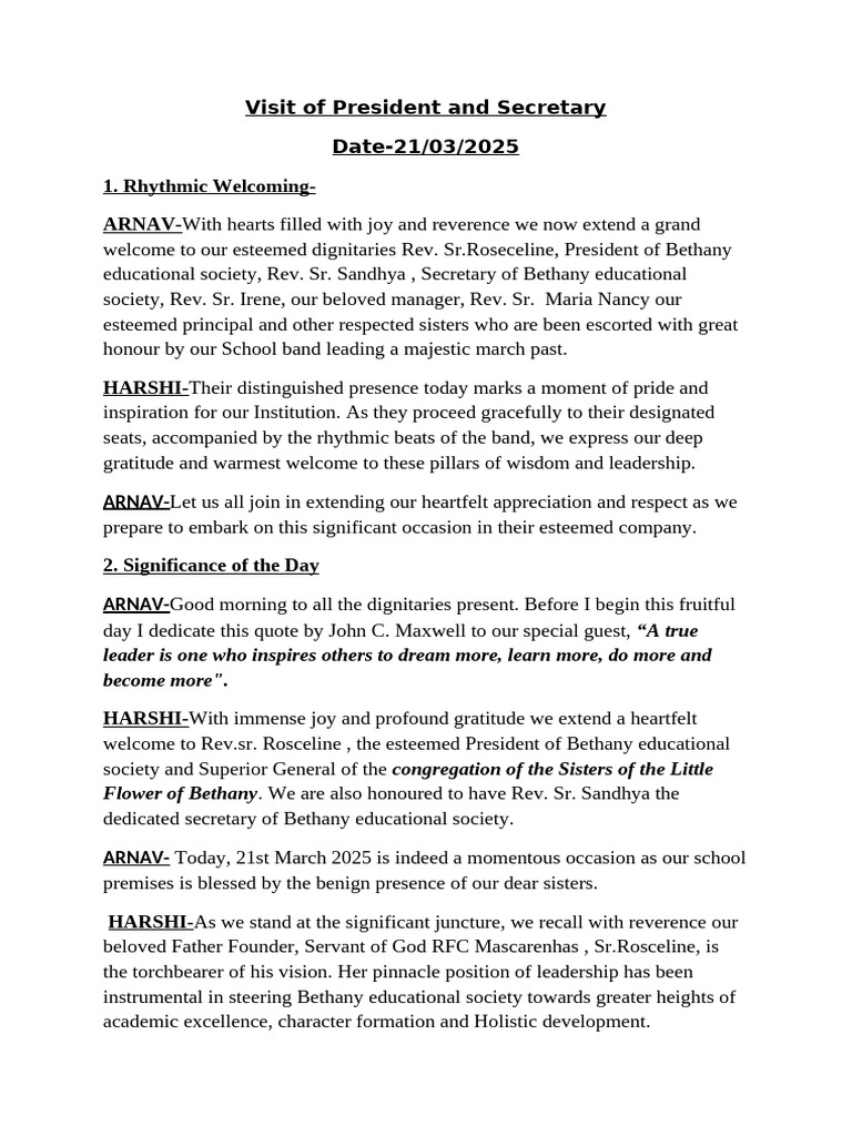 Anchoring Script For Presidents Visit | PDF