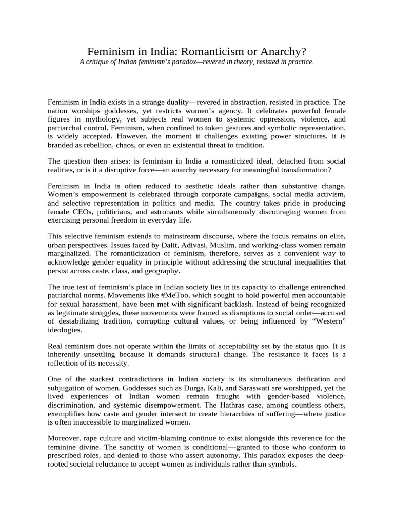 Feminism in India-Romanticism or Anarchy | PDF | Feminism | Gender Studies