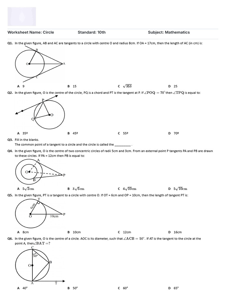 Tangents and Circles: Class 10 Worksheet | PDF | Circle | Perpendicular