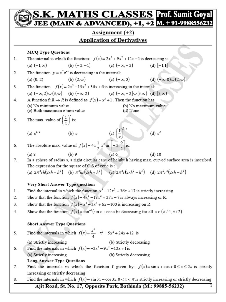 Application of Derivatives MCQs and Answers | PDF | Function ...