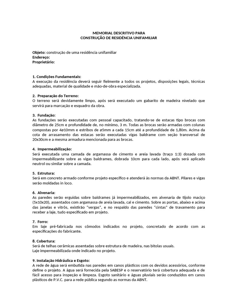 Memorial Descritivo de Residência Unifamiliar | PDF | Argamassa ...