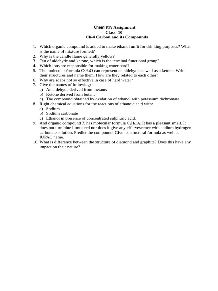 Class 10 Chemistry: Carbon Compounds Assignment | PDF