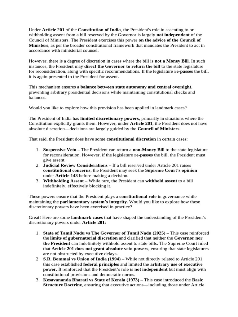President's Role Under Article 201 | PDF | Royal Assent | American ...