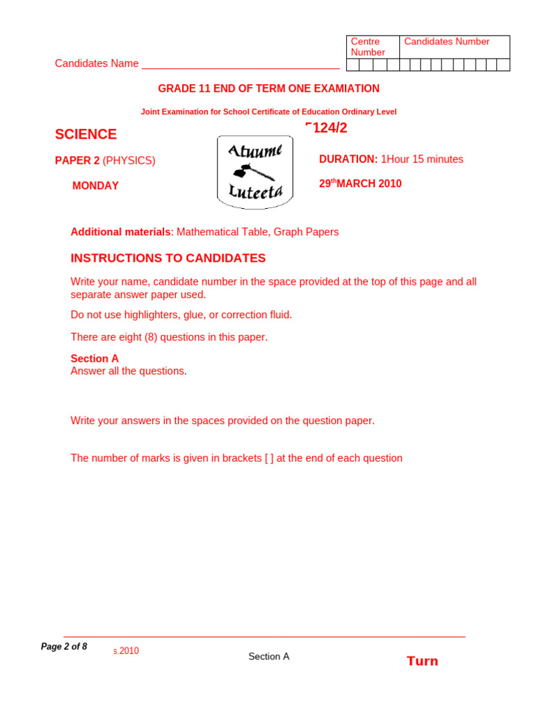 Grade 11 Physics Examination Paper | PDF | Mass | Force