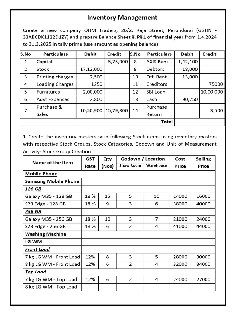 Tally Inventory Management Exercise | PDF | Warehouse | Debits And Credits