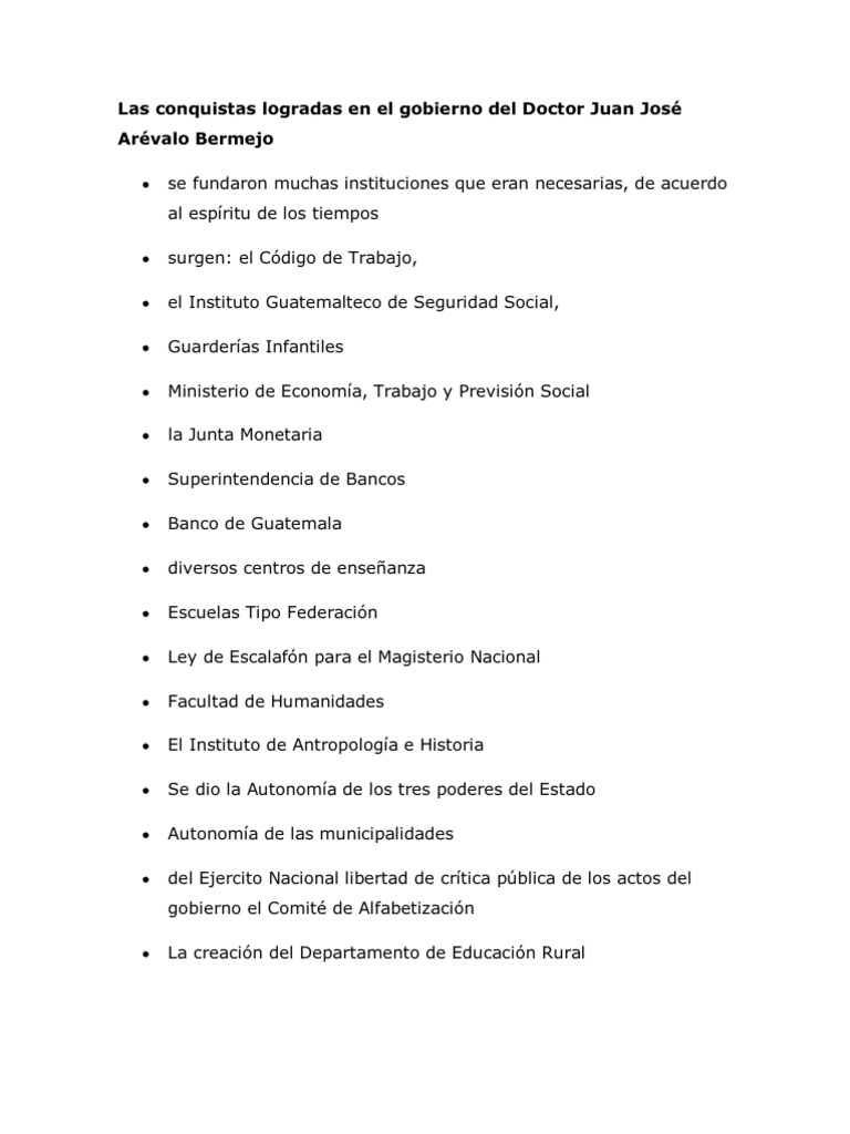 Logros del presidente Juan José Arévalo | PDF | Guatemala | Gobierno