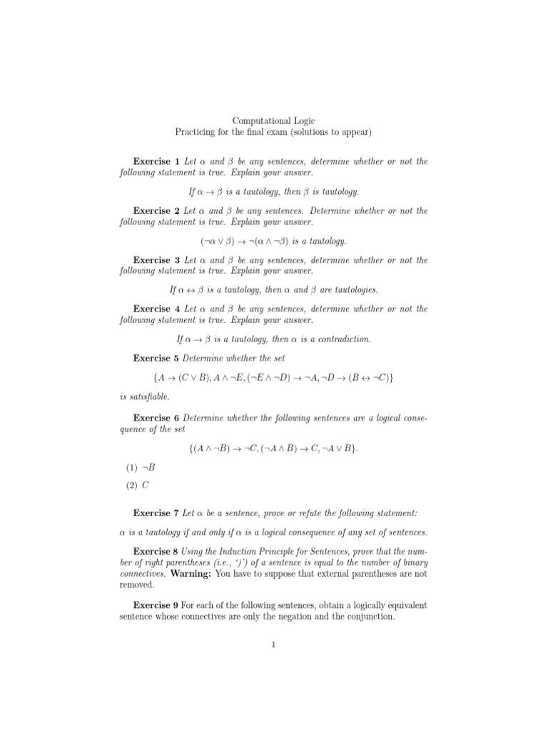 Final Exam Solutions: Computational Logic | PDF | If And Only If ...