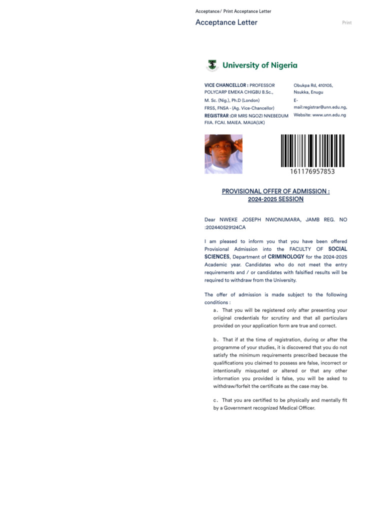 UNN Provisional Admission Acceptance Letter | PDF