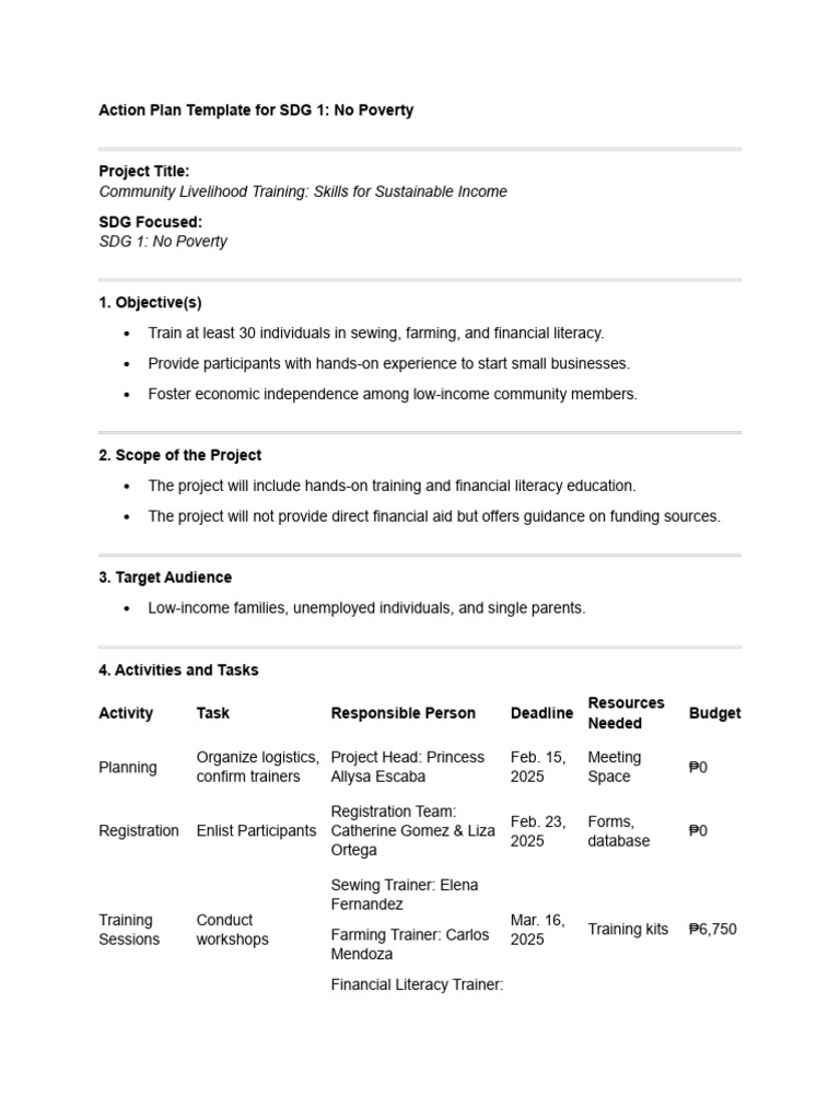 Community Training Action Plan for SDG 1 | PDF | Poverty | Poverty ...